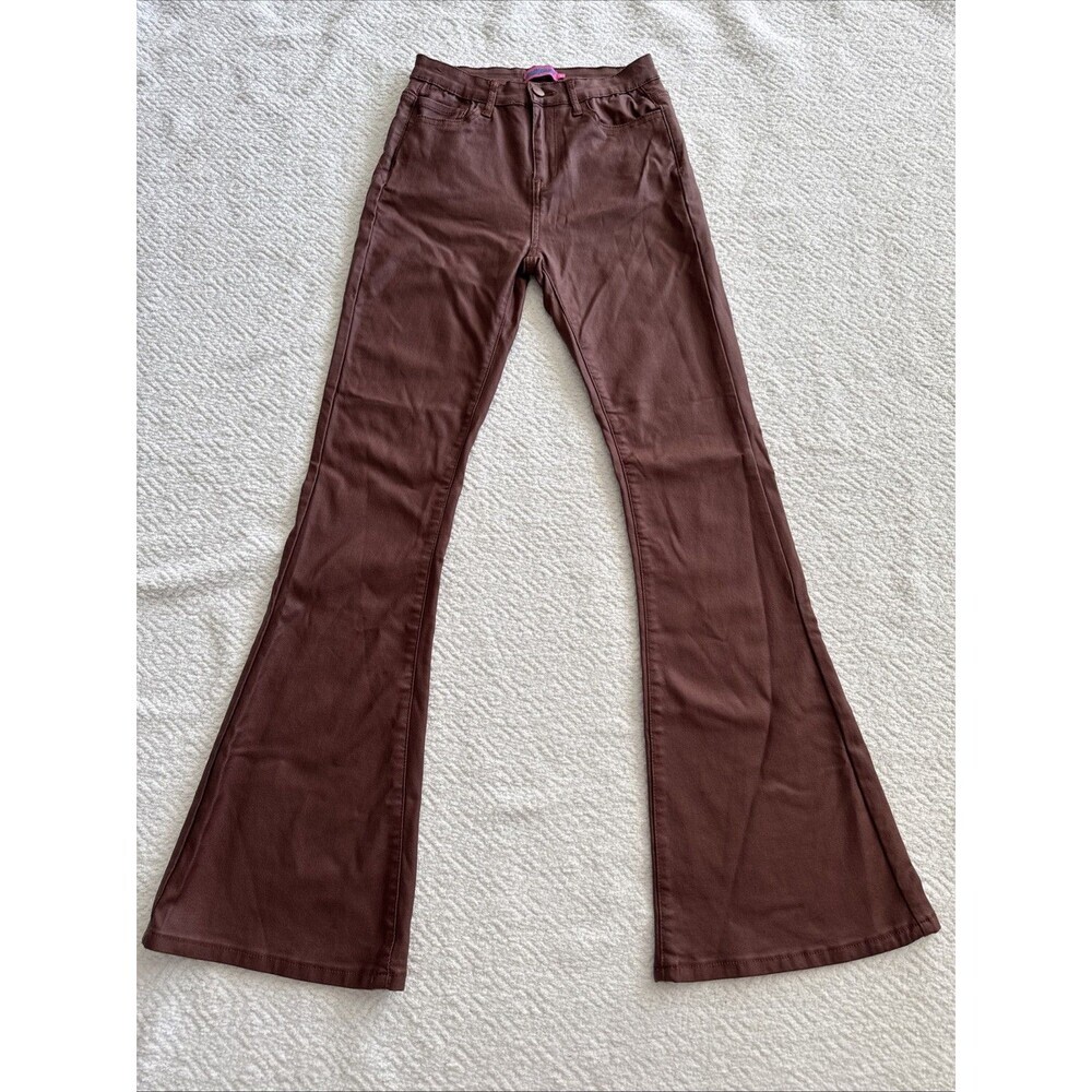 Edikted Luna Faux Leather Flare Jeans Size M Metallic Brown Stretch - Picture 3 of 9